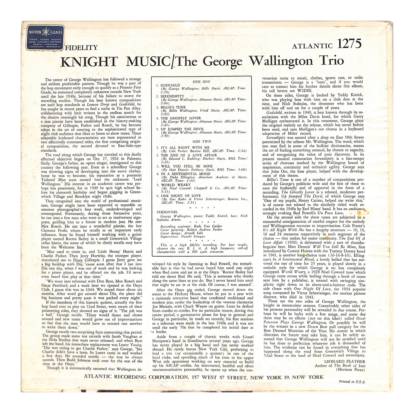 Knight Music: George Wallington Plays 5 Originals And 6 Standards
