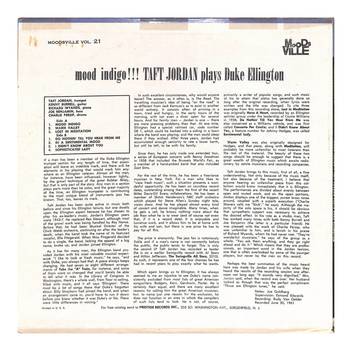 Mood Indigo!!! Taft Jordan Plays Duke Ellington