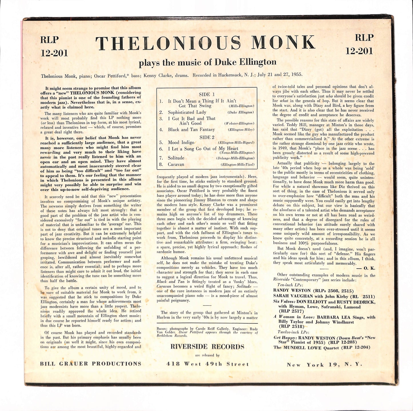 Thelonious Monk Plays The Music Of Duke Ellington