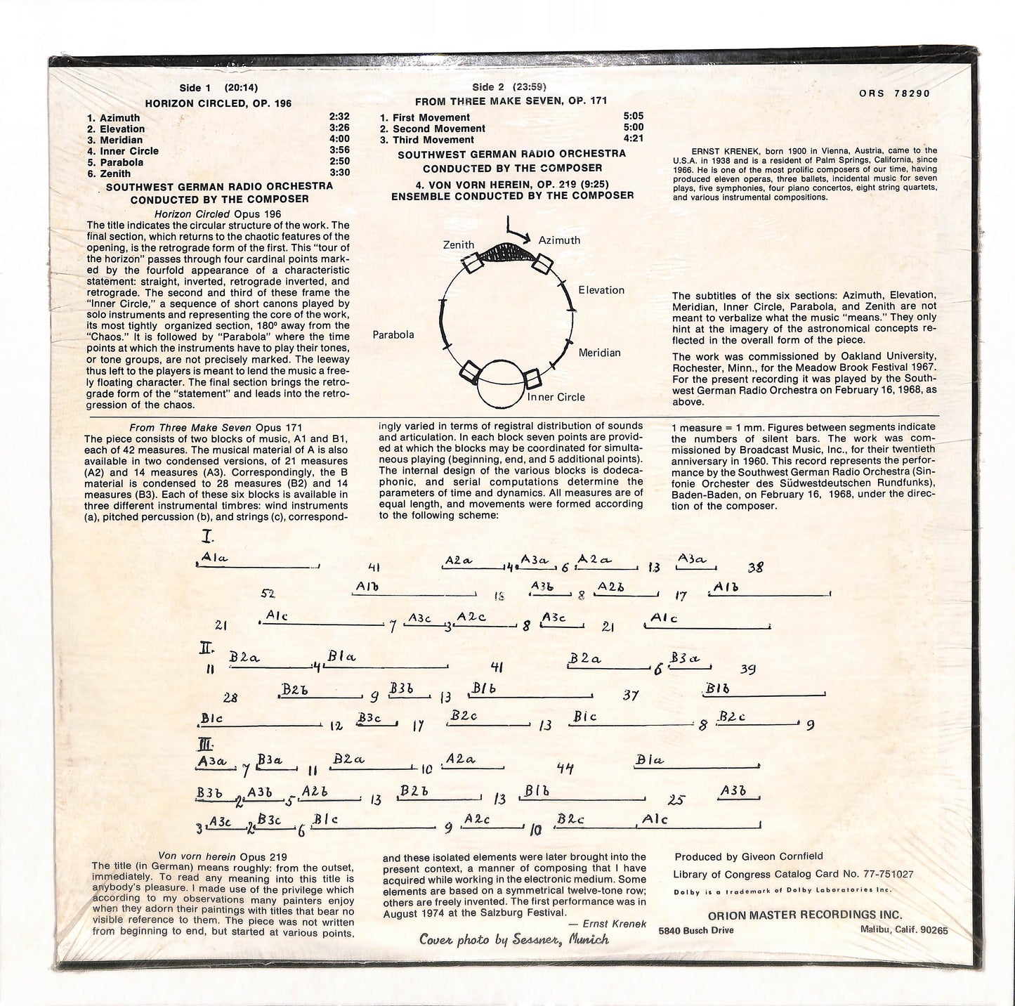 Krenek Conducts Krenek - Horizon Circled, Op. 196 / From Three Make Seven, Op. 171 / Von Vorn Herein, Op. 219