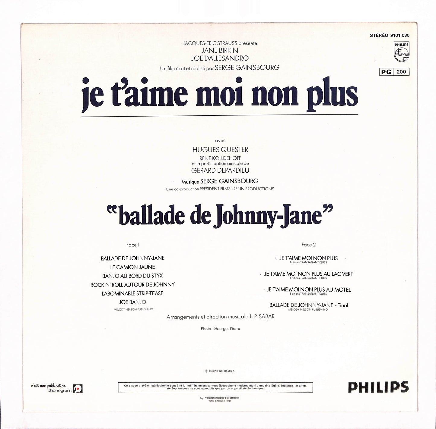 Bande Originale Du Film De Serge Gainsbourg "Je T'Aime Moi Non Plus"