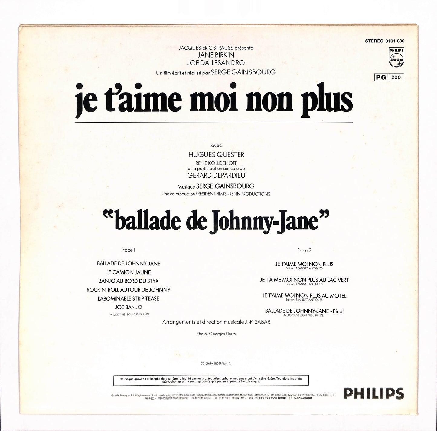 Bande Originale Du Film De Serge Gainsbourg "Je T'Aime Moi Non Plus"