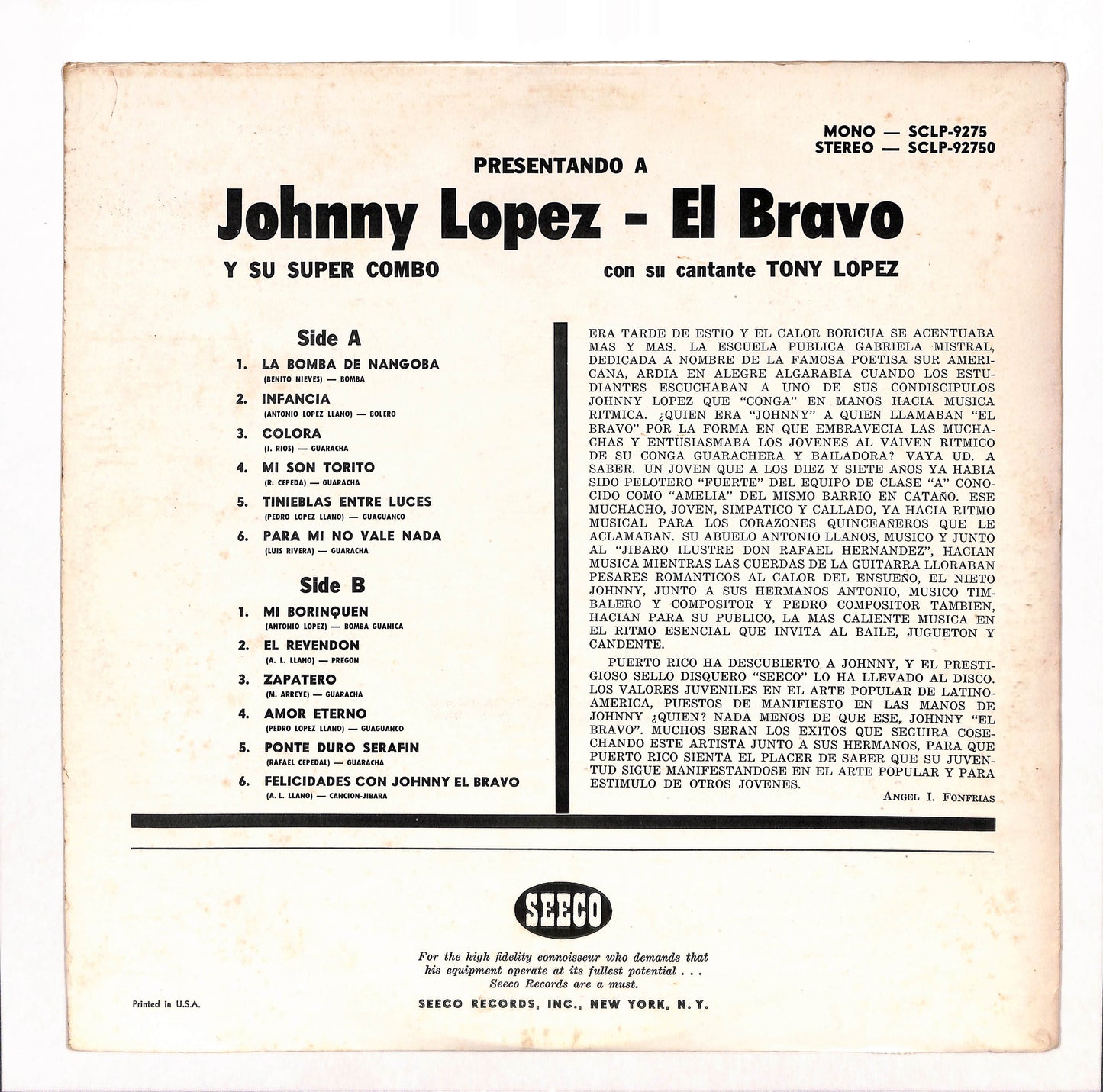 Presentando A Johnny Lopez "El Bravo"  And His Super Combo